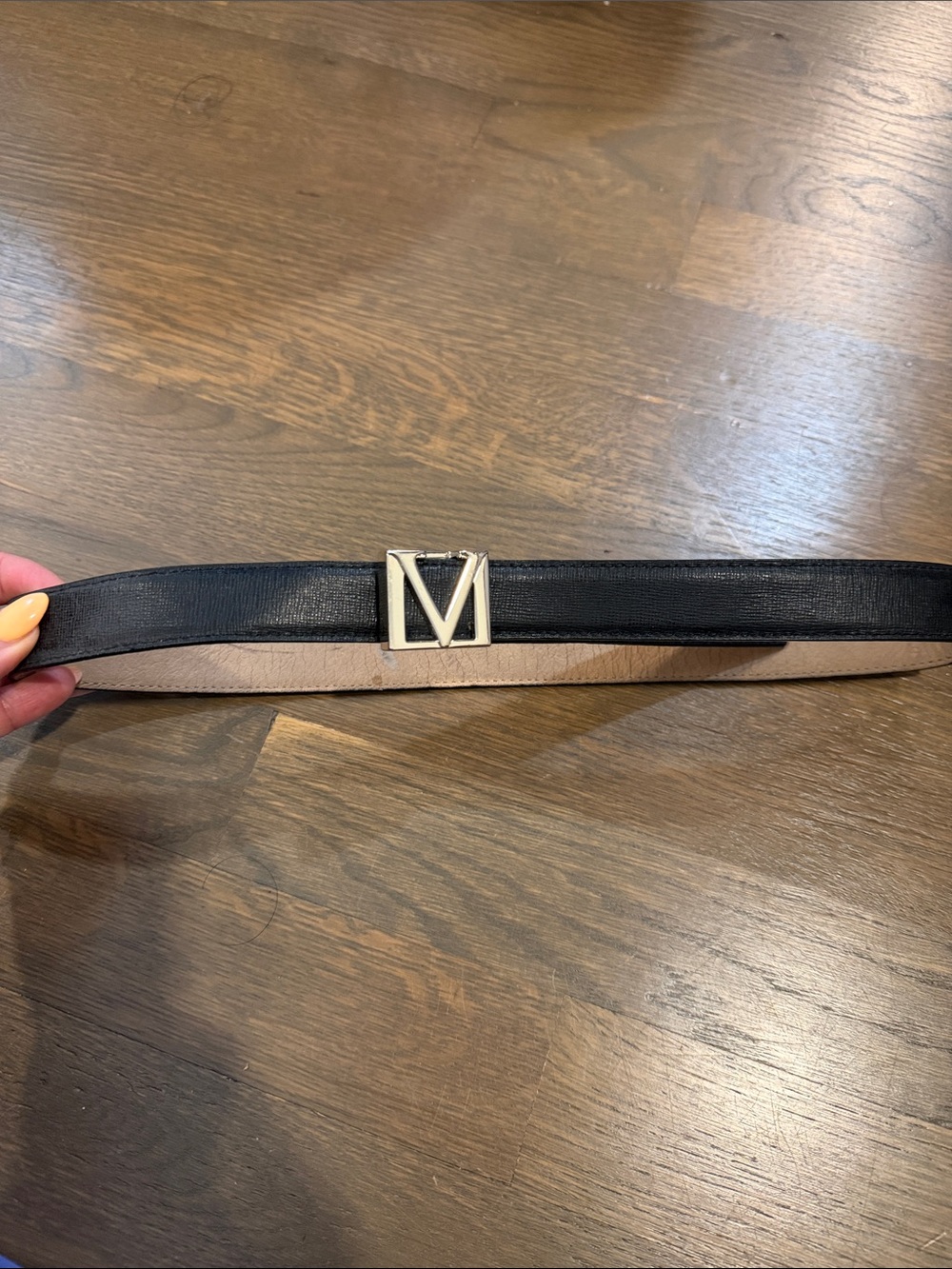 Vince Camuto Black Leather Belt with Silver V Buckle